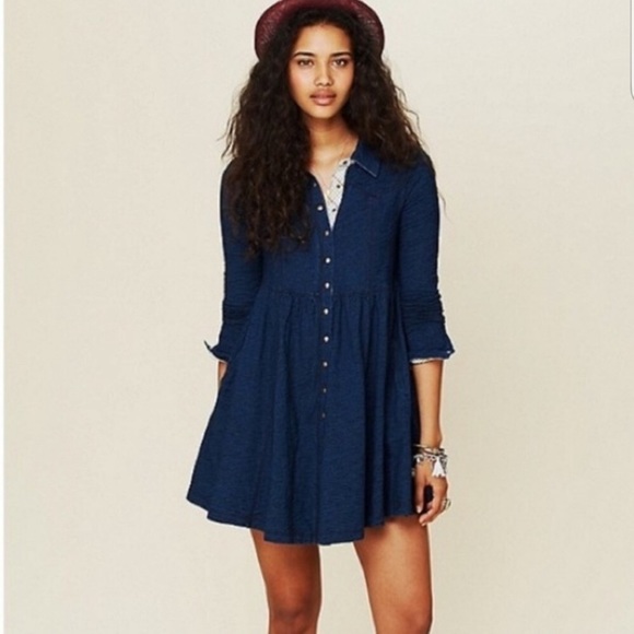 Free People Dresses & Skirts - Free People Faux Denim Knit Snap LS Shirt Dress